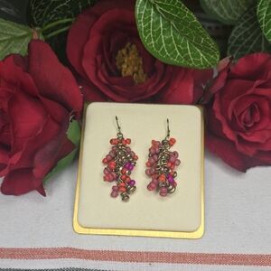 Bronze Tone With Pinks, Red And Orange Beaded Dangle Earrings
